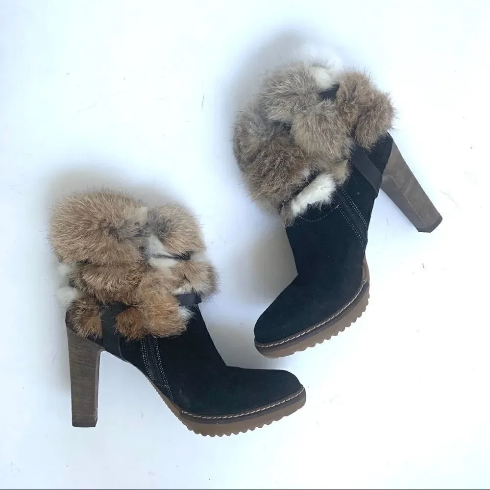 NEW MINELLI BLACK SUEDE HEELED BOOTS WITH FUR